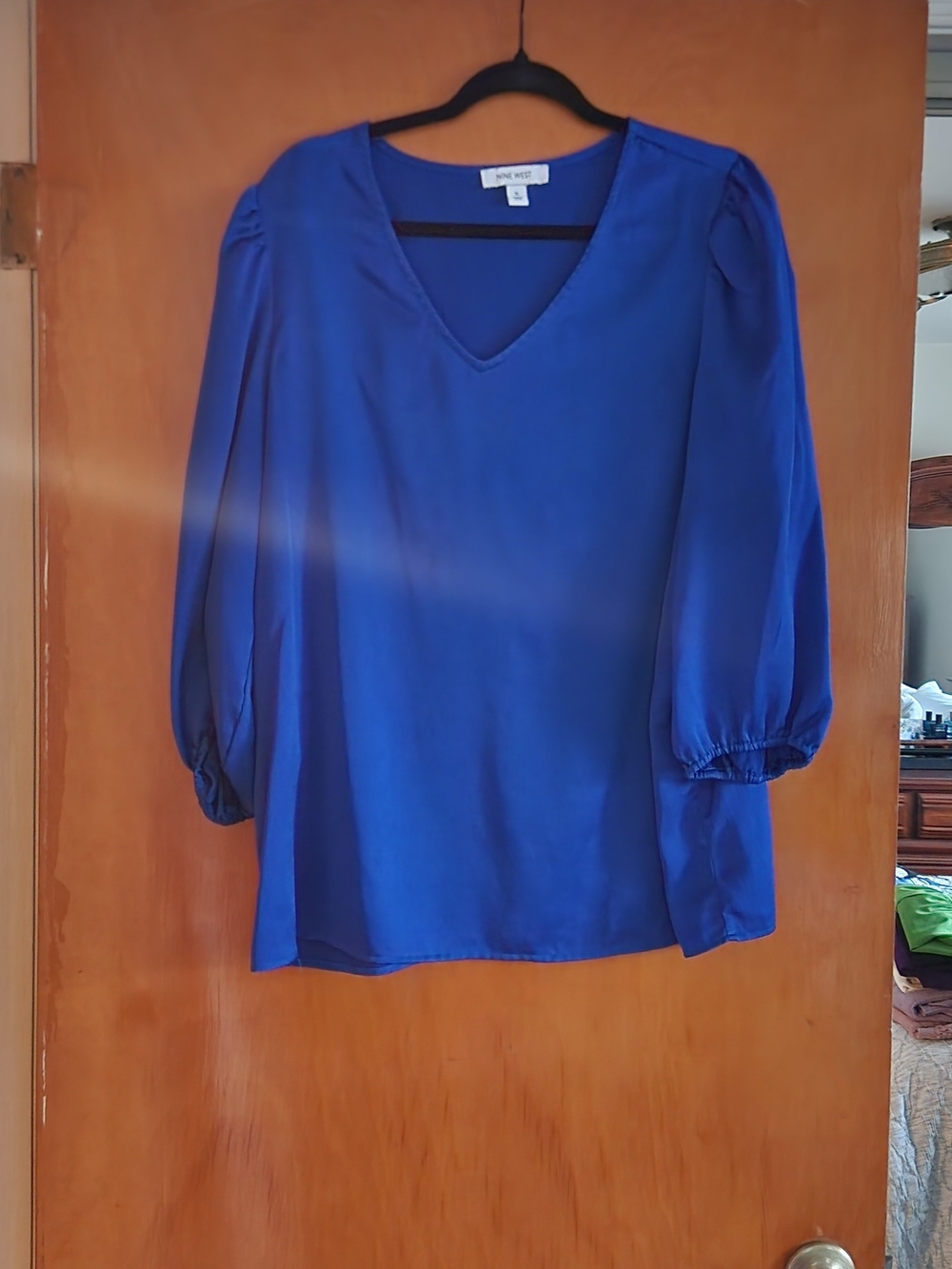 Nine West Cobalt Blue V-Neck Blouse with Puff Sleeves